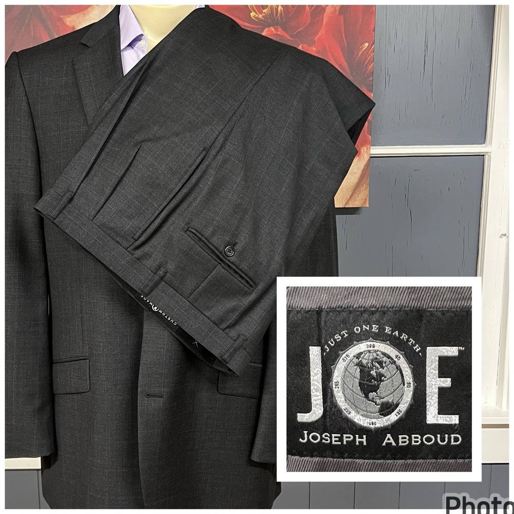 Joseph Abboud Custom Suit Mens 44L Long Pleated Pants 37x31 Dark Gray/Blue Plaid